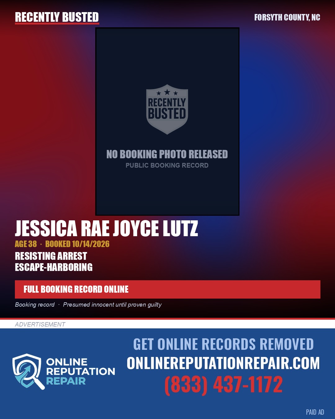 JESSICA RAE JOYCE LUTZ — arrest record card, Forsyth County, North Carolina