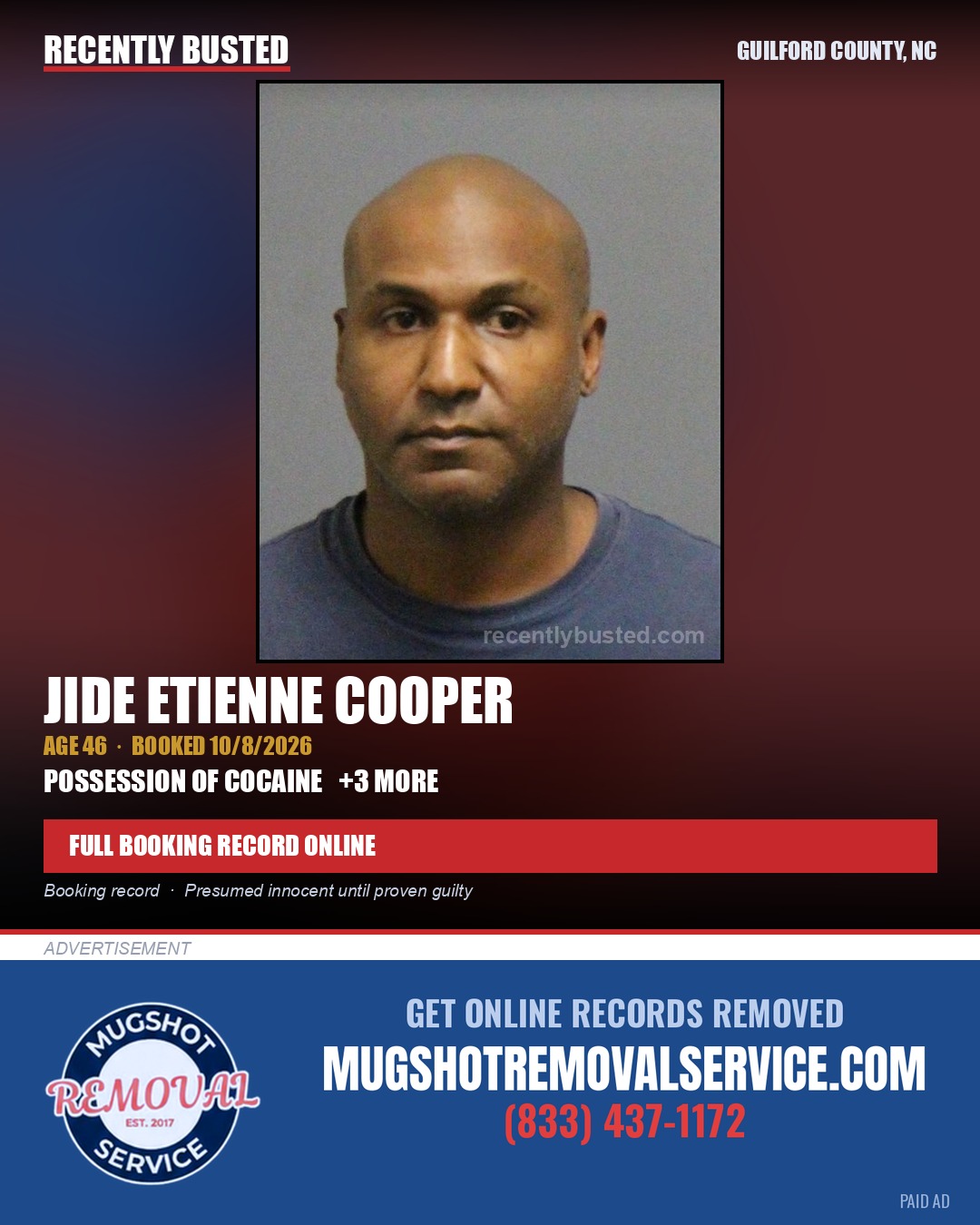 JIDE ETIENNE COOPER — arrest record card, Guilford County, North Carolina