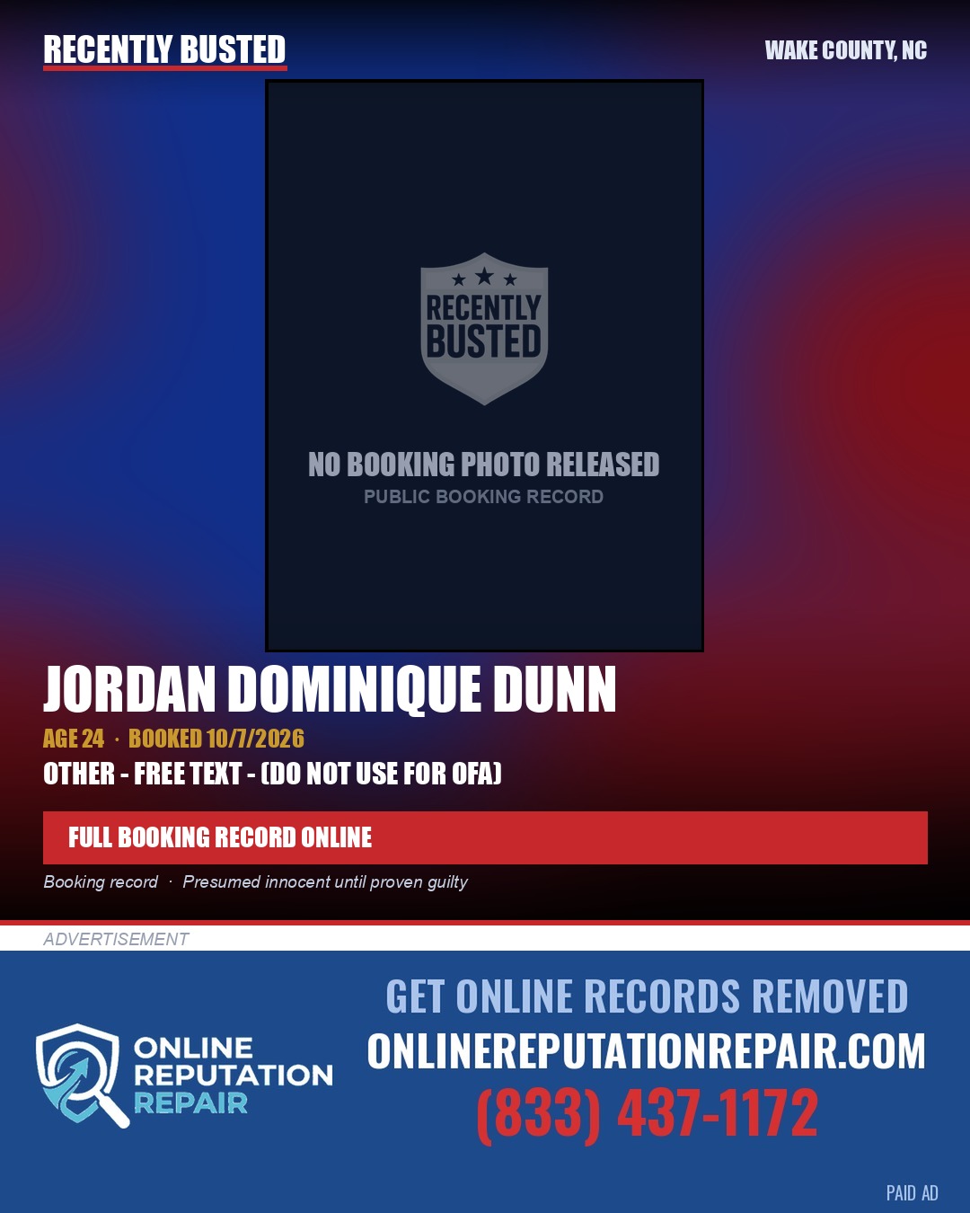 JORDAN DOMINIQUE DUNN — arrest record card, Wake County, North Carolina