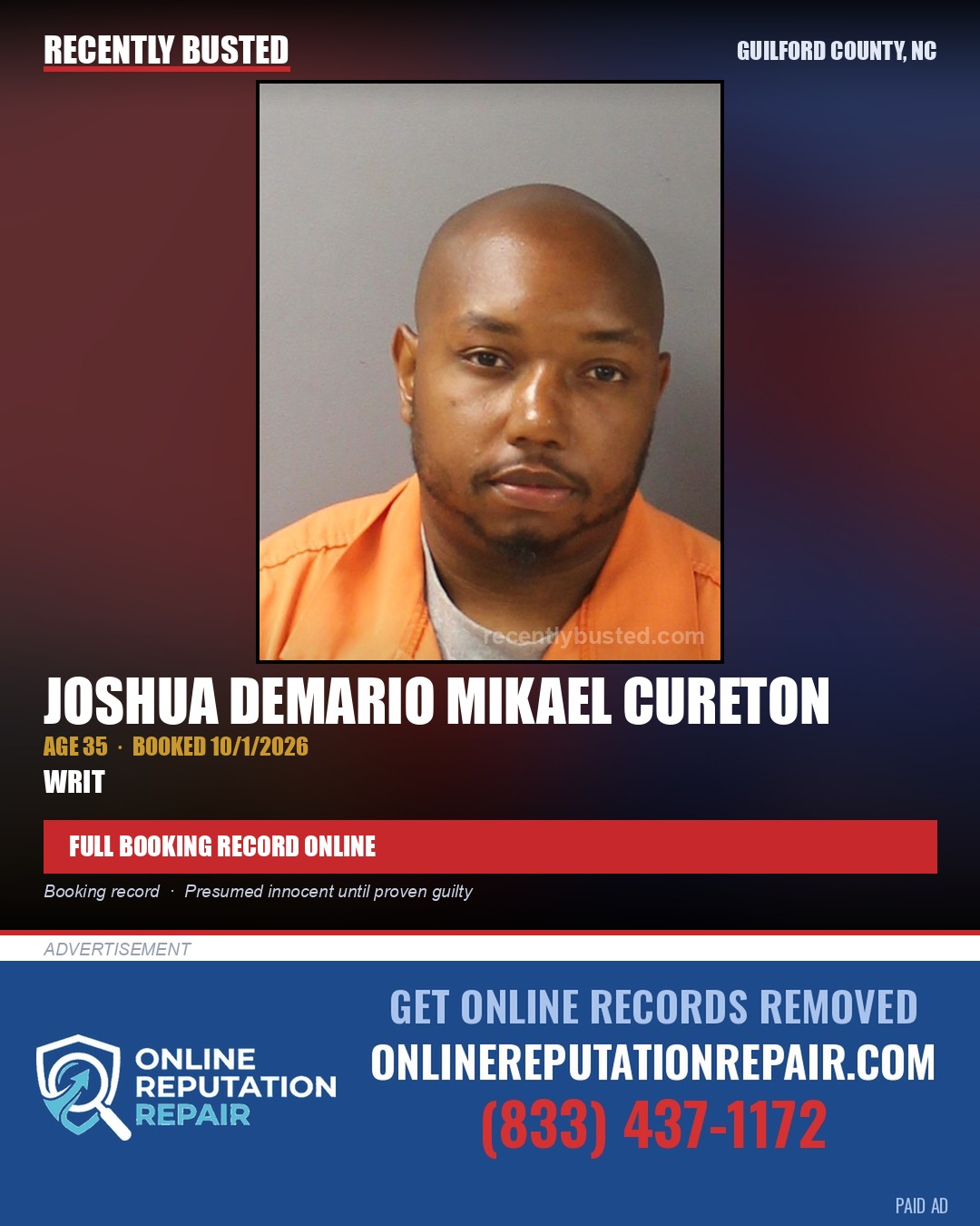 JOSHUA DEMARIO MIKAEL CURETON — arrest record card, Guilford County, North Carolina