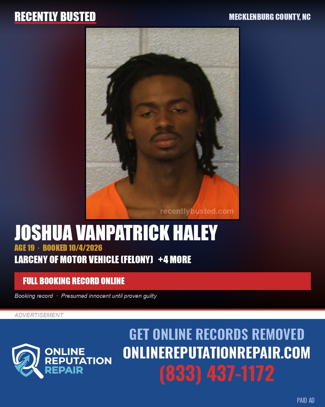 JOSHUA VANPATRICK HALEY — arrest record card, Mecklenburg County, North Carolina