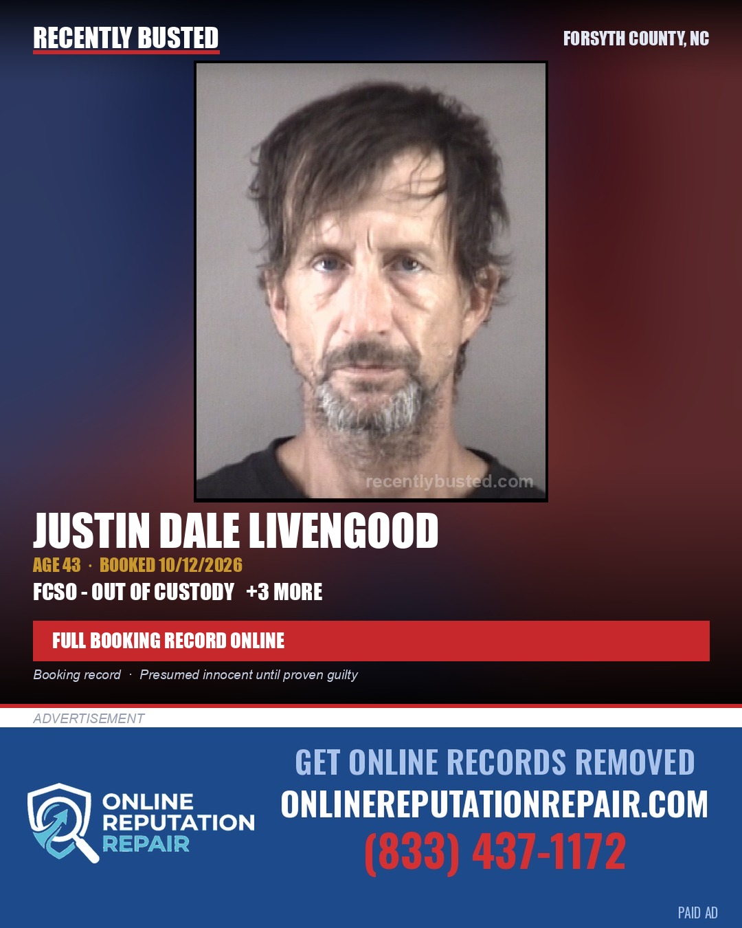 JUSTIN DALE LIVENGOOD — arrest record card, Forsyth County, North Carolina