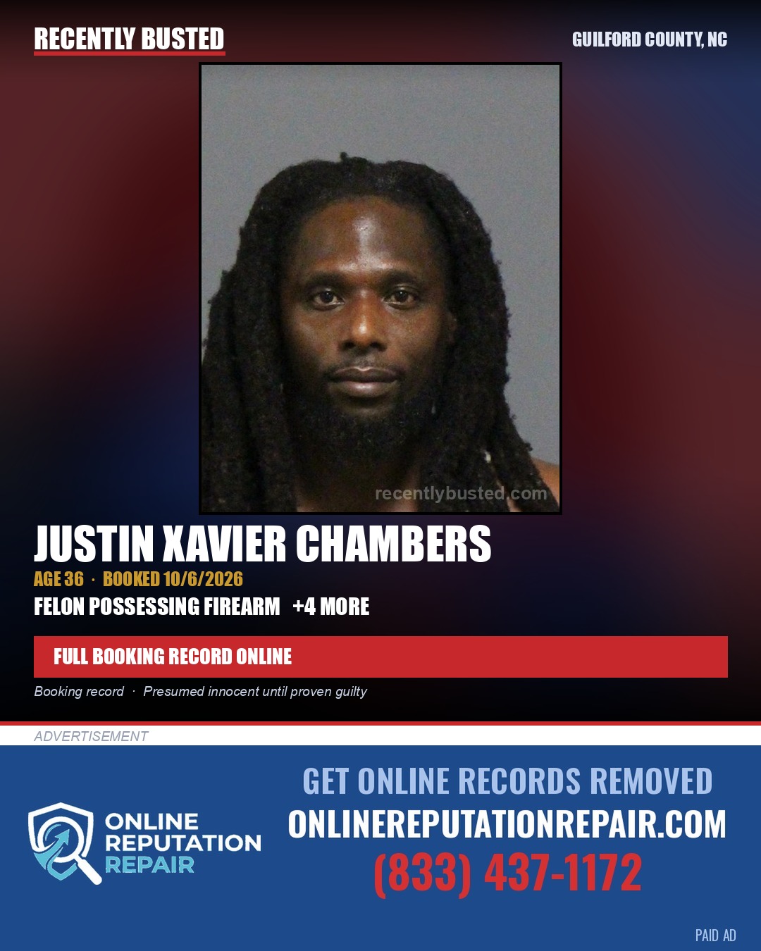 JUSTIN XAVIER CHAMBERS — arrest record card, Guilford County, North Carolina