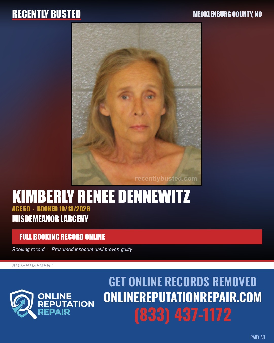 KIMBERLY RENEE DENNEWITZ — arrest record card, Mecklenburg County, North Carolina