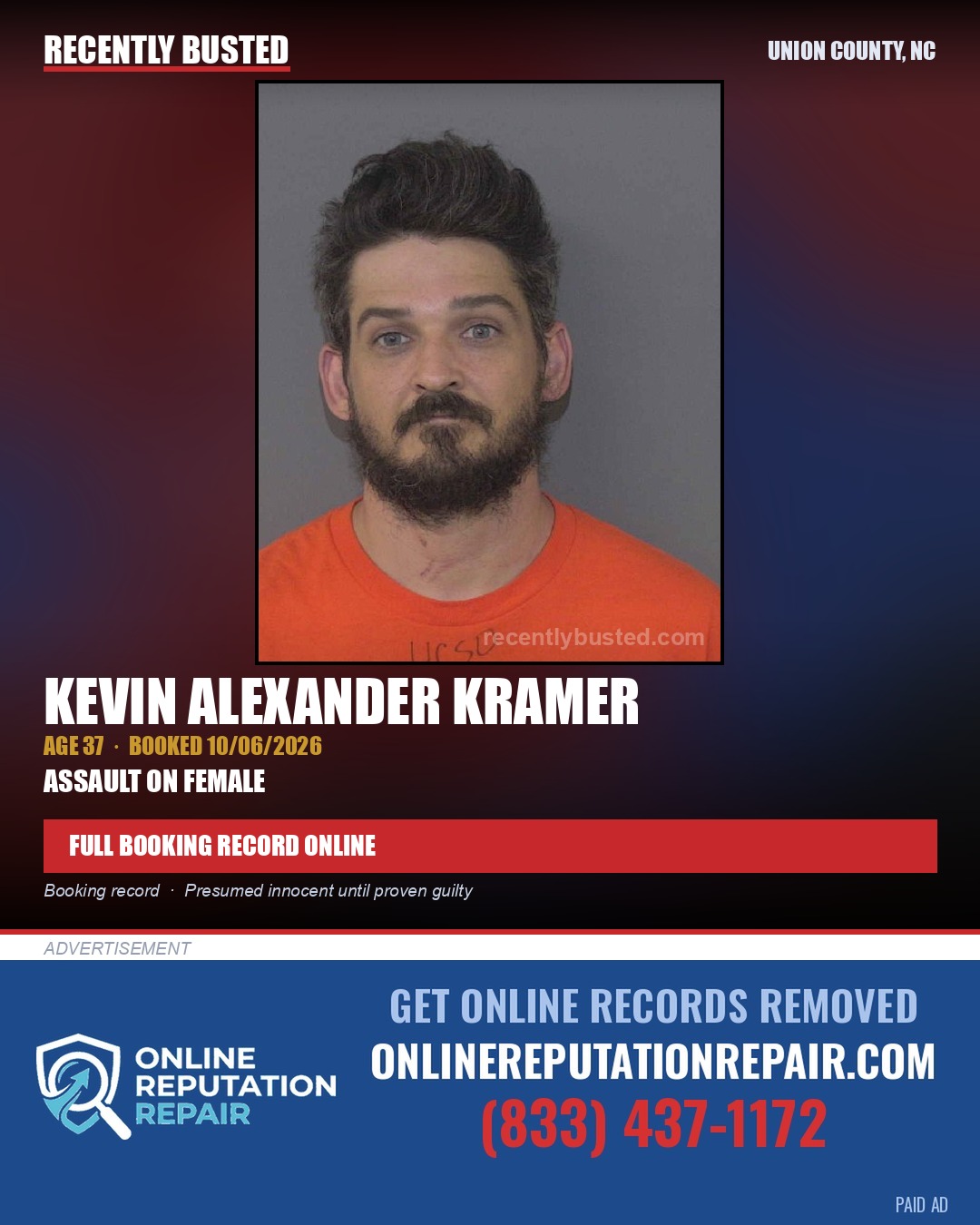 KRAMER, KEVIN ALEXANDER — arrest record card, Union County, North Carolina