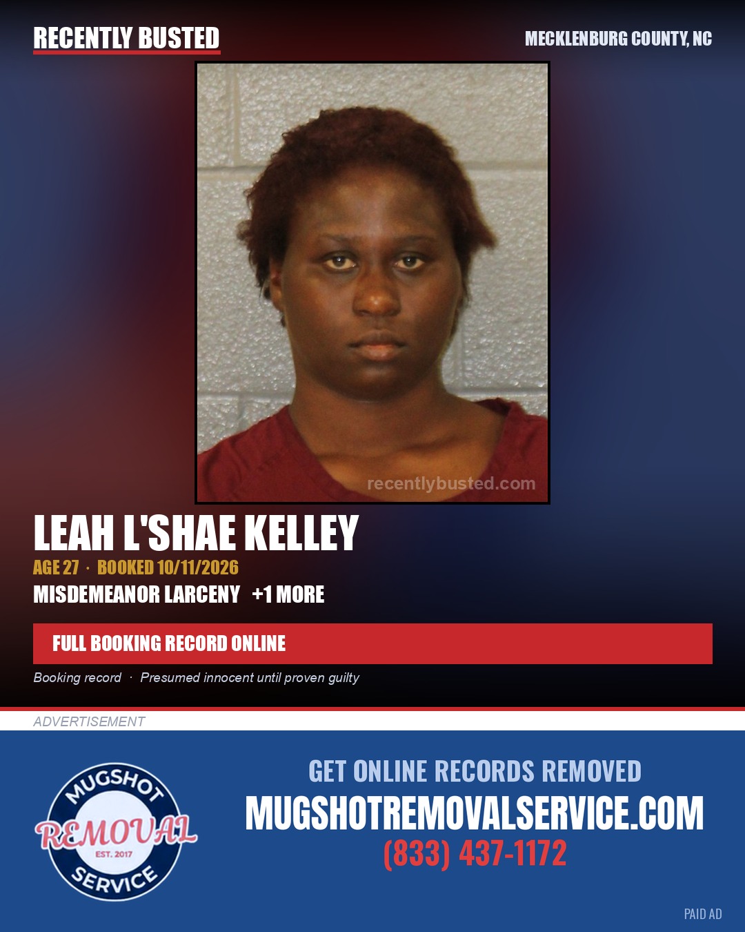 LEAH L'SHAE KELLEY — arrest record card, Mecklenburg County, North Carolina