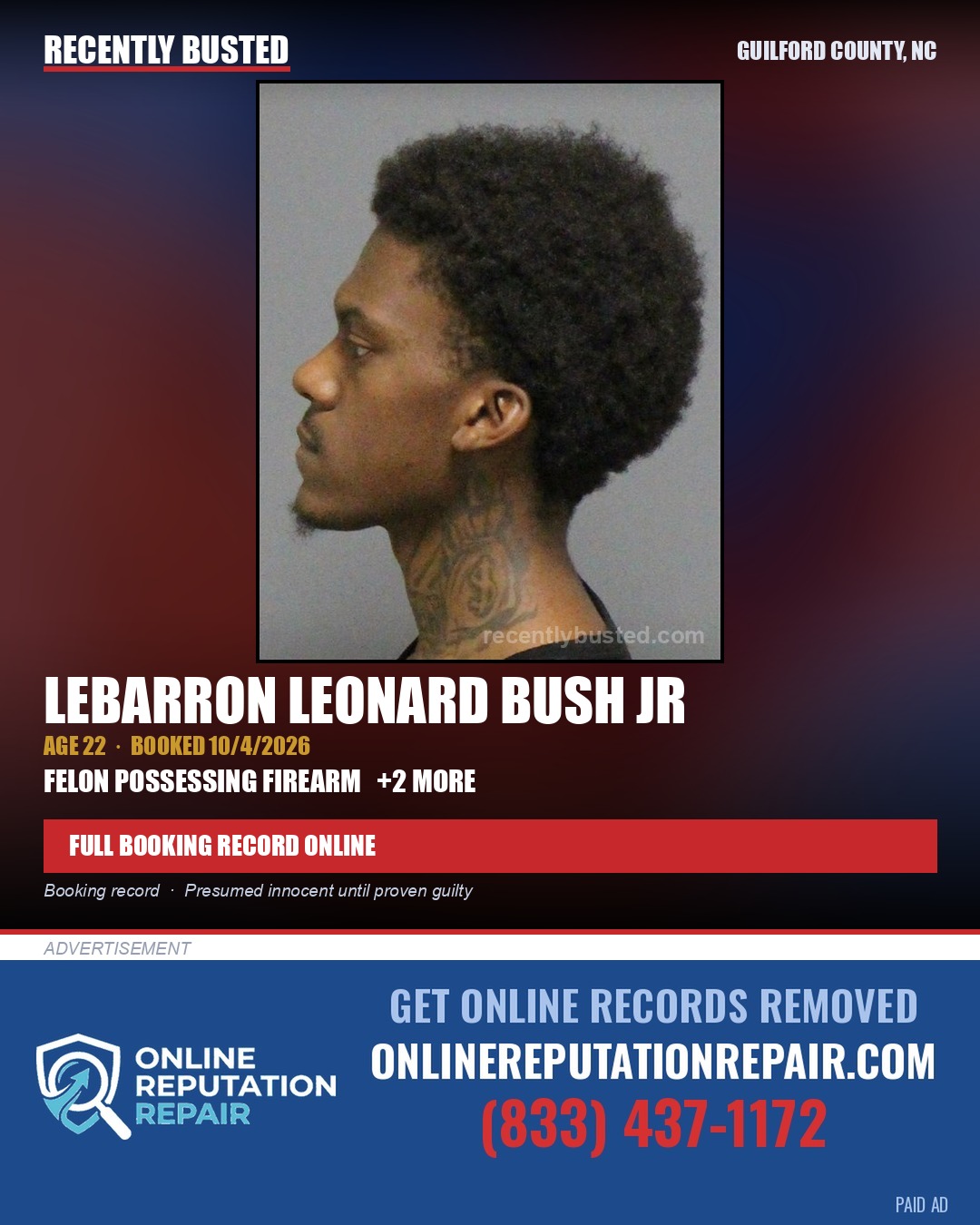 LEBARRON LEONARD BUSH JR — arrest record card, Guilford County, North Carolina