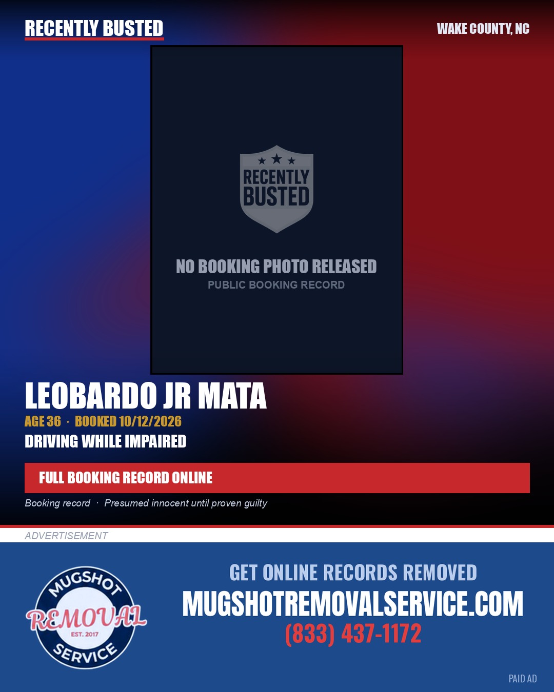 LEOBARDO JR MATA — arrest record card, Wake County, North Carolina