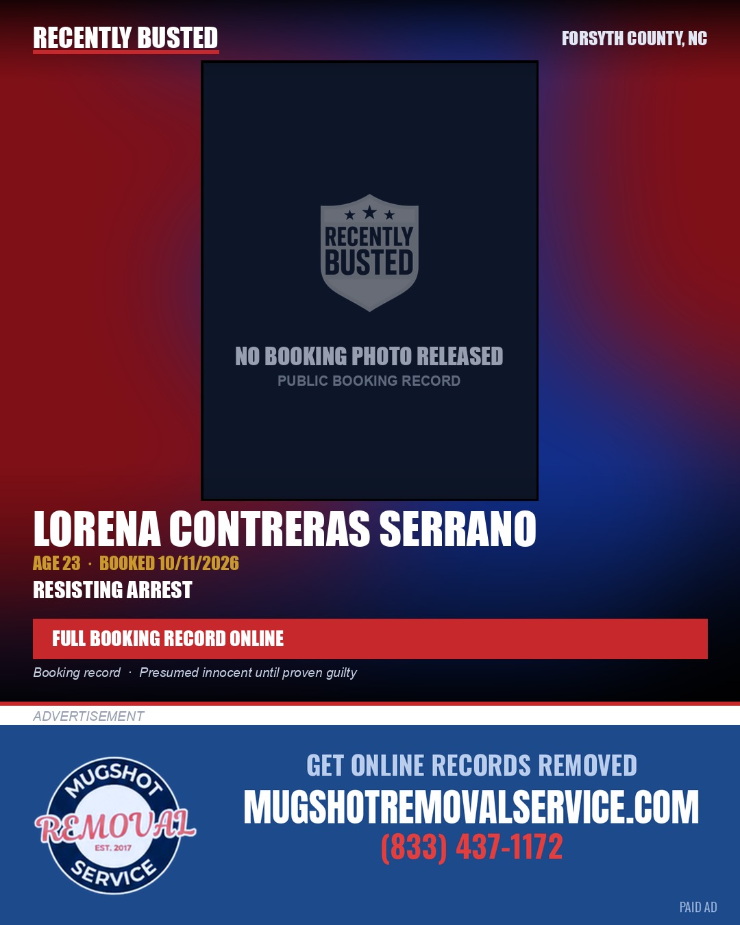 LORENA CONTRERAS SERRANO — arrest record card, Forsyth County, North Carolina
