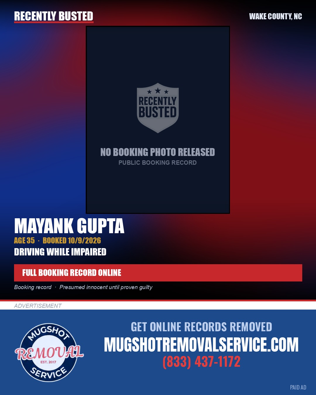 MAYANK GUPTA — arrest record card, Wake County, North Carolina