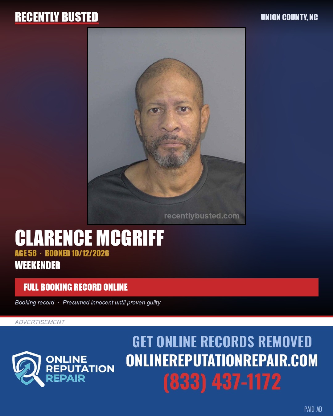 MCGRIFF, CLARENCE — arrest record card, Union County, North Carolina
