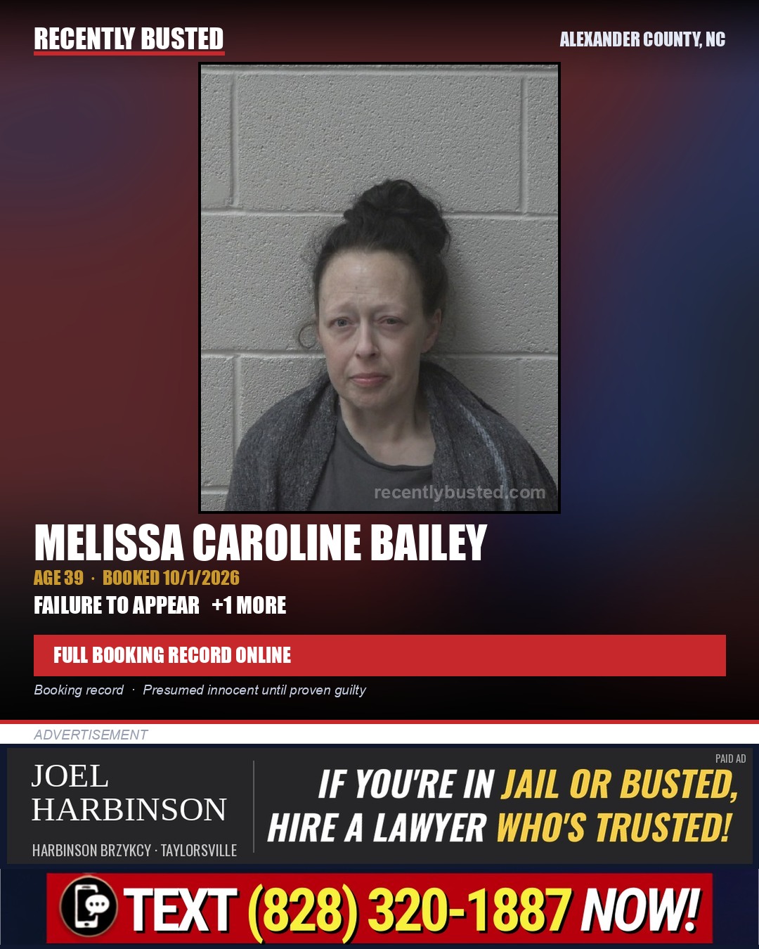 MELISSA CAROLINE BAILEY — arrest record card, Alexander County, North Carolina