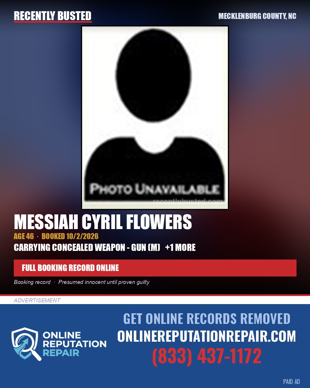 MESSIAH CYRIL FLOWERS — arrest record card, Mecklenburg County, North Carolina