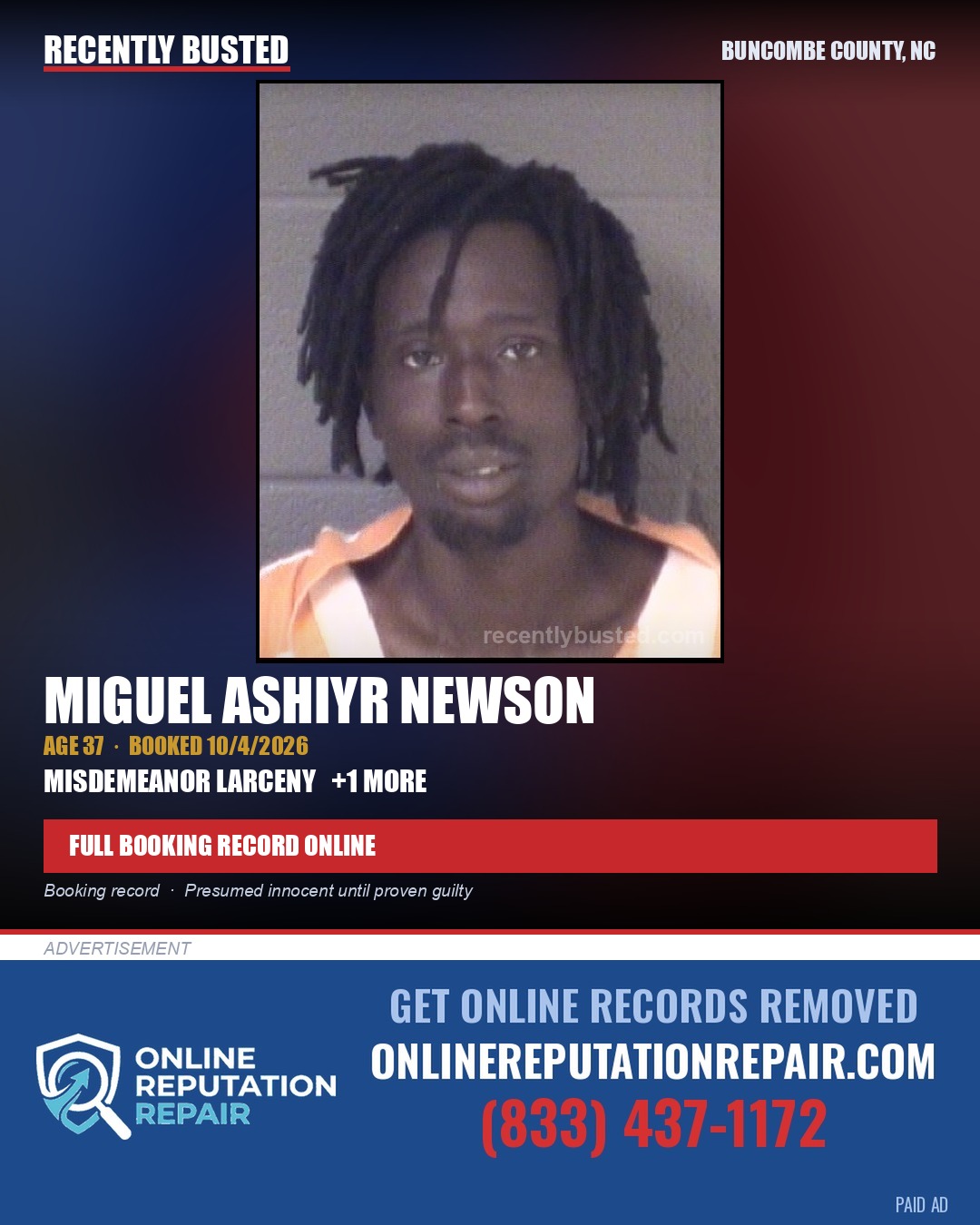 MIGUEL ASHIYR NEWSON — arrest record card, Buncombe County, North Carolina
