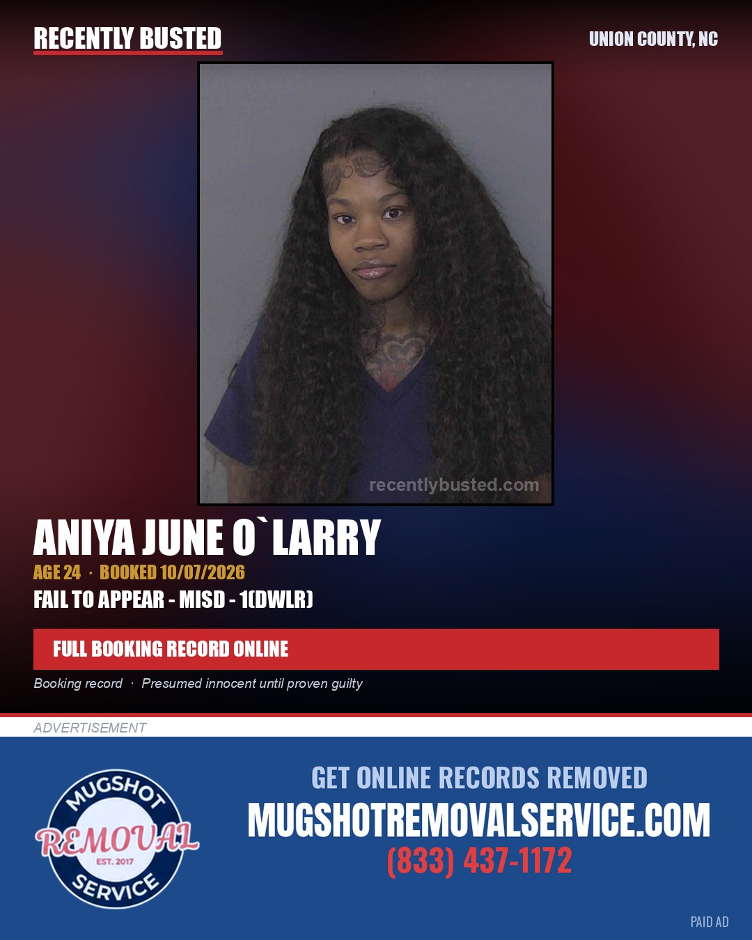 O`LARRY, ANIYA JUNE — arrest record card, Union County, North Carolina