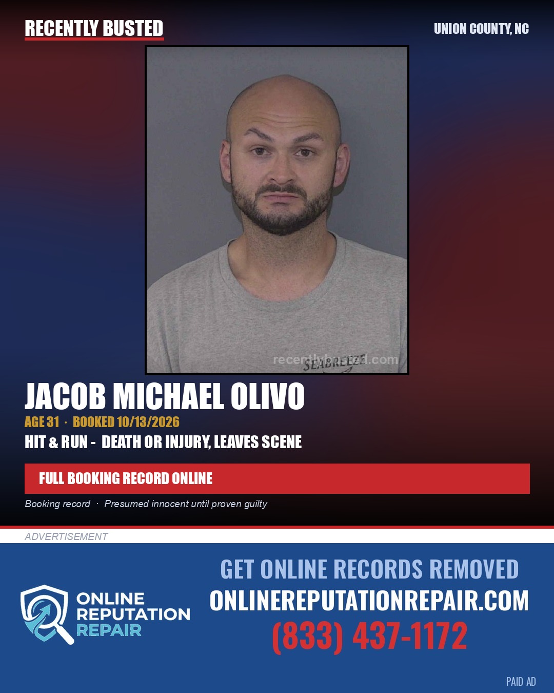 OLIVO, JACOB MICHAEL — arrest record card, Union County, North Carolina
