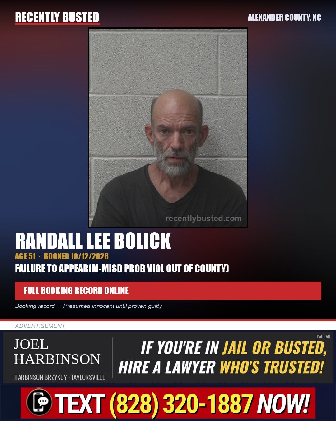 RANDALL LEE BOLICK — arrest record card, Alexander County, North Carolina