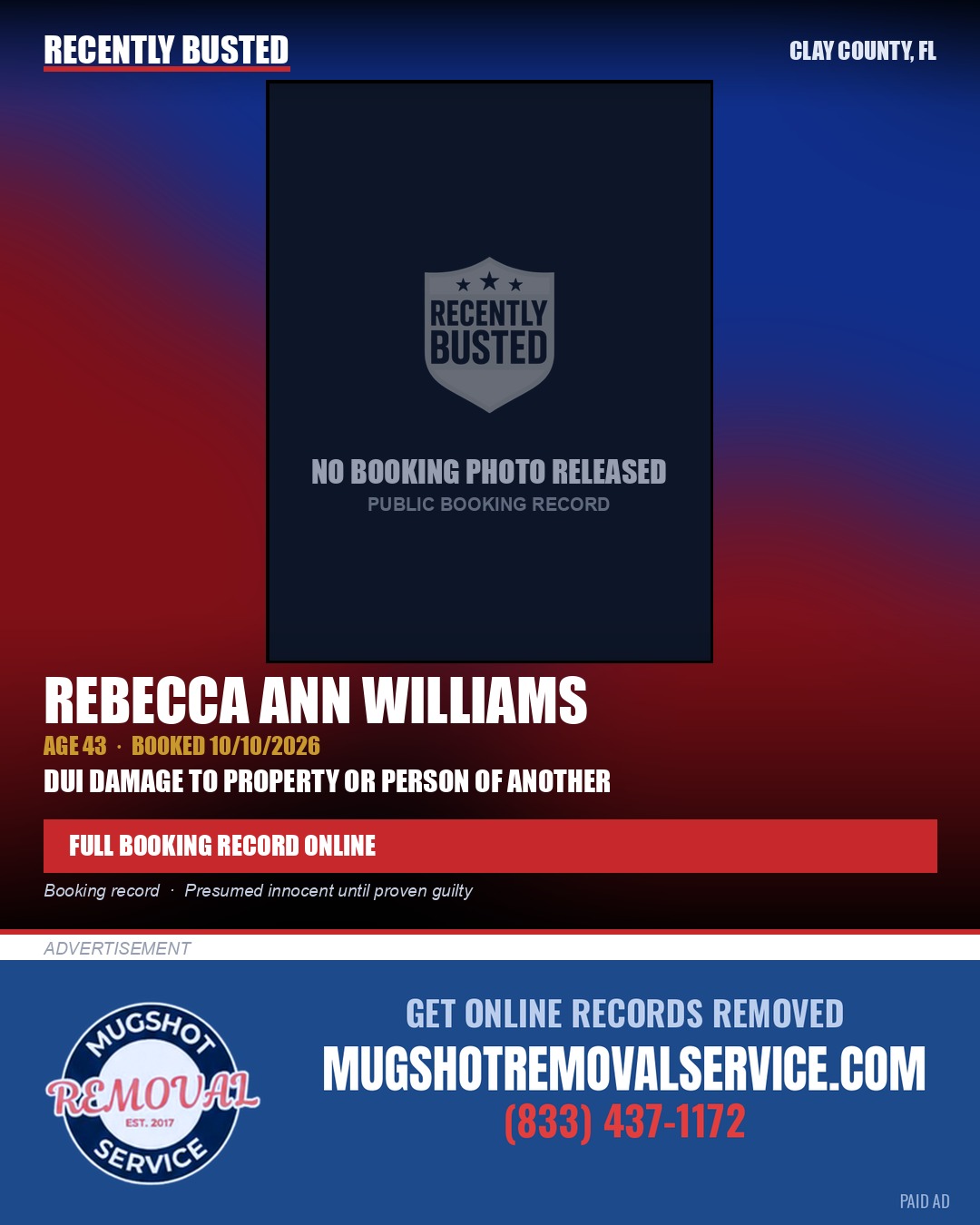 REBECCA ANN WILLIAMS — arrest record card, Clay County, Florida