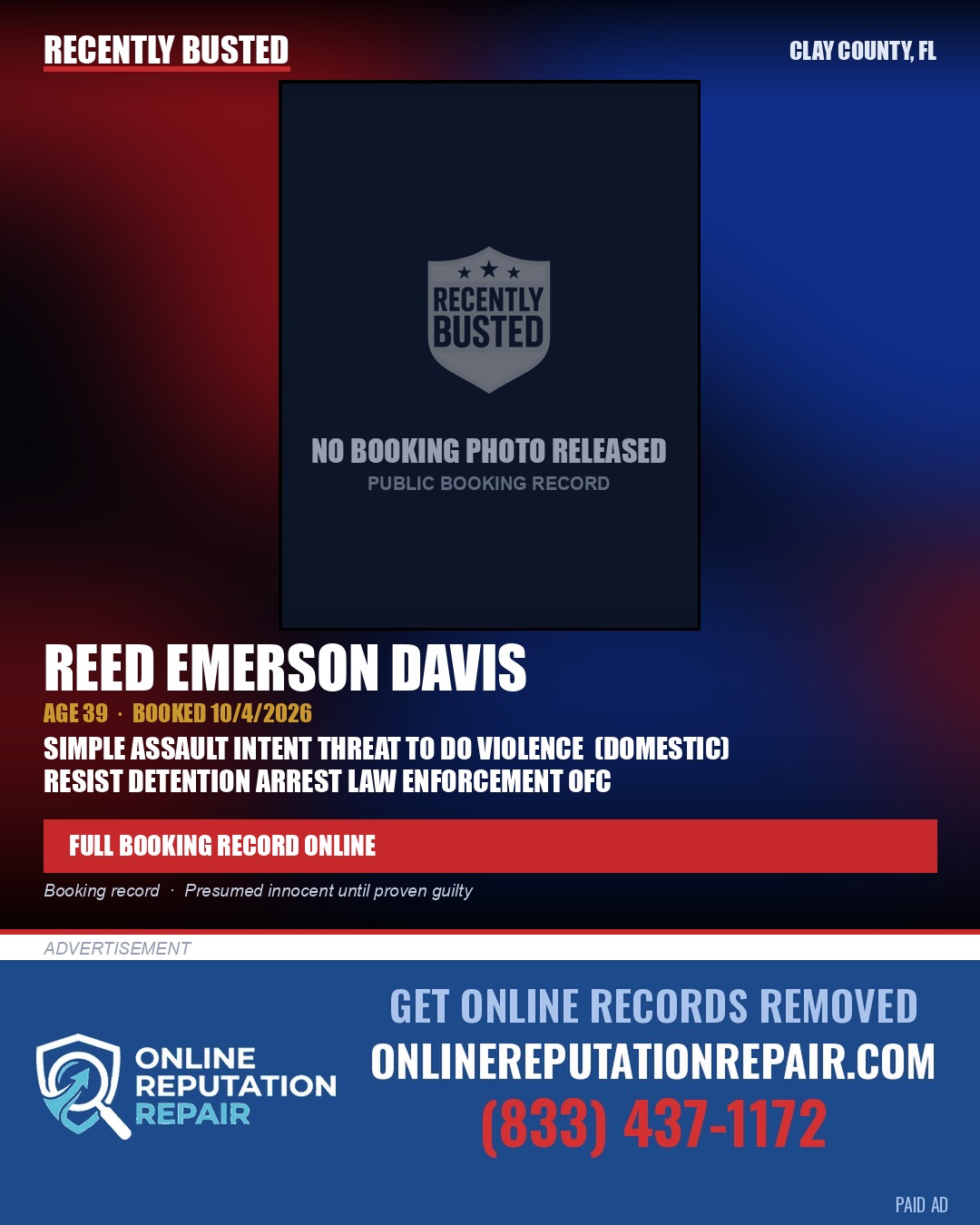 REED EMERSON DAVIS — arrest record card, Clay County, Florida