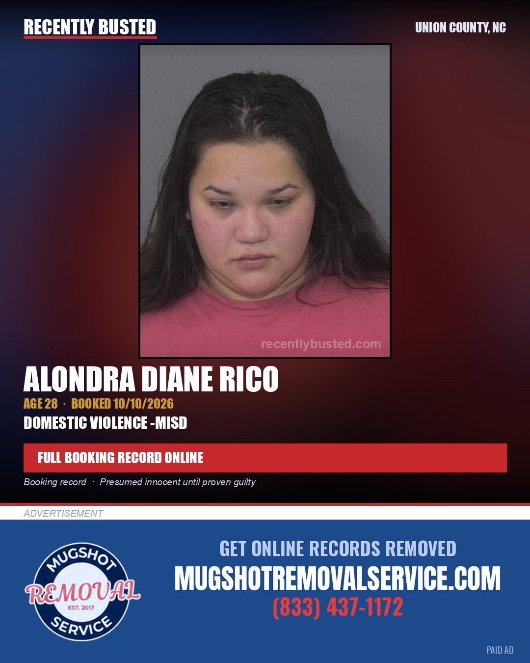RICO, ALONDRA DIANE — arrest record card, Union County, North Carolina