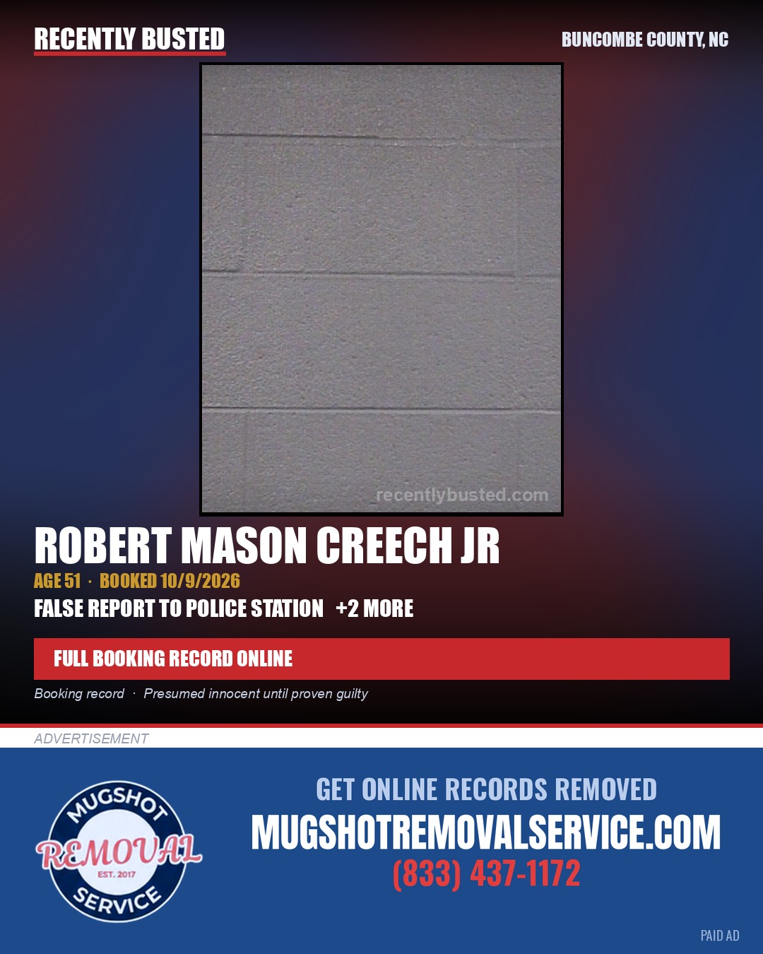 ROBERT MASON CREECH JR — arrest record card, Buncombe County, North Carolina