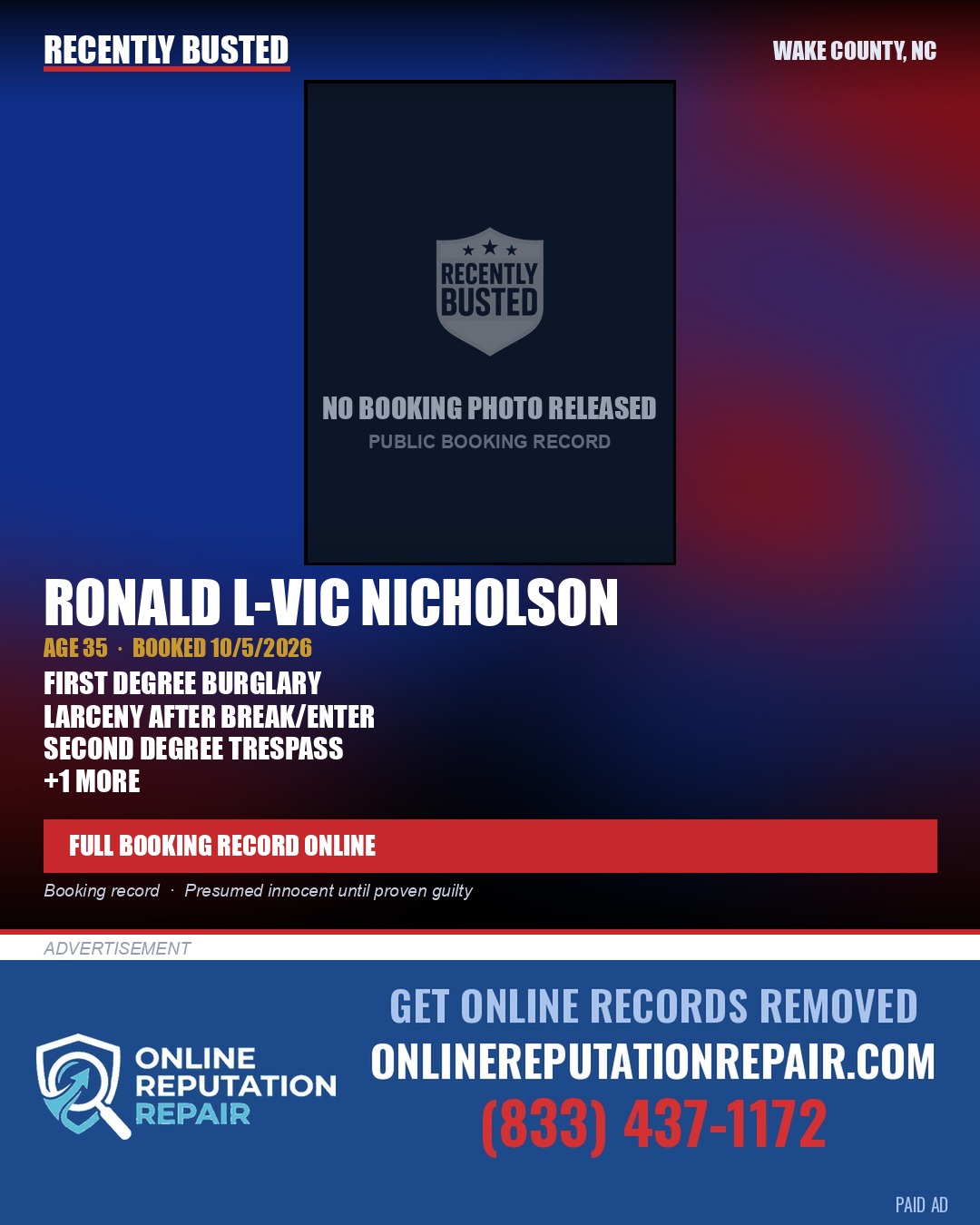 RONALD L-VIC NICHOLSON — arrest record card, Wake County, North Carolina