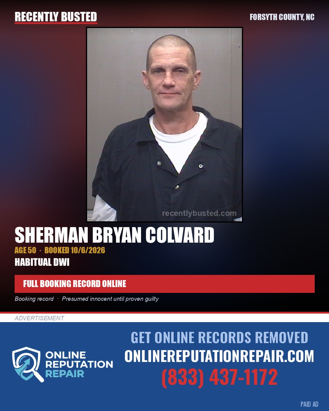 SHERMAN BRYAN COLVARD — arrest record card, Forsyth County, North Carolina