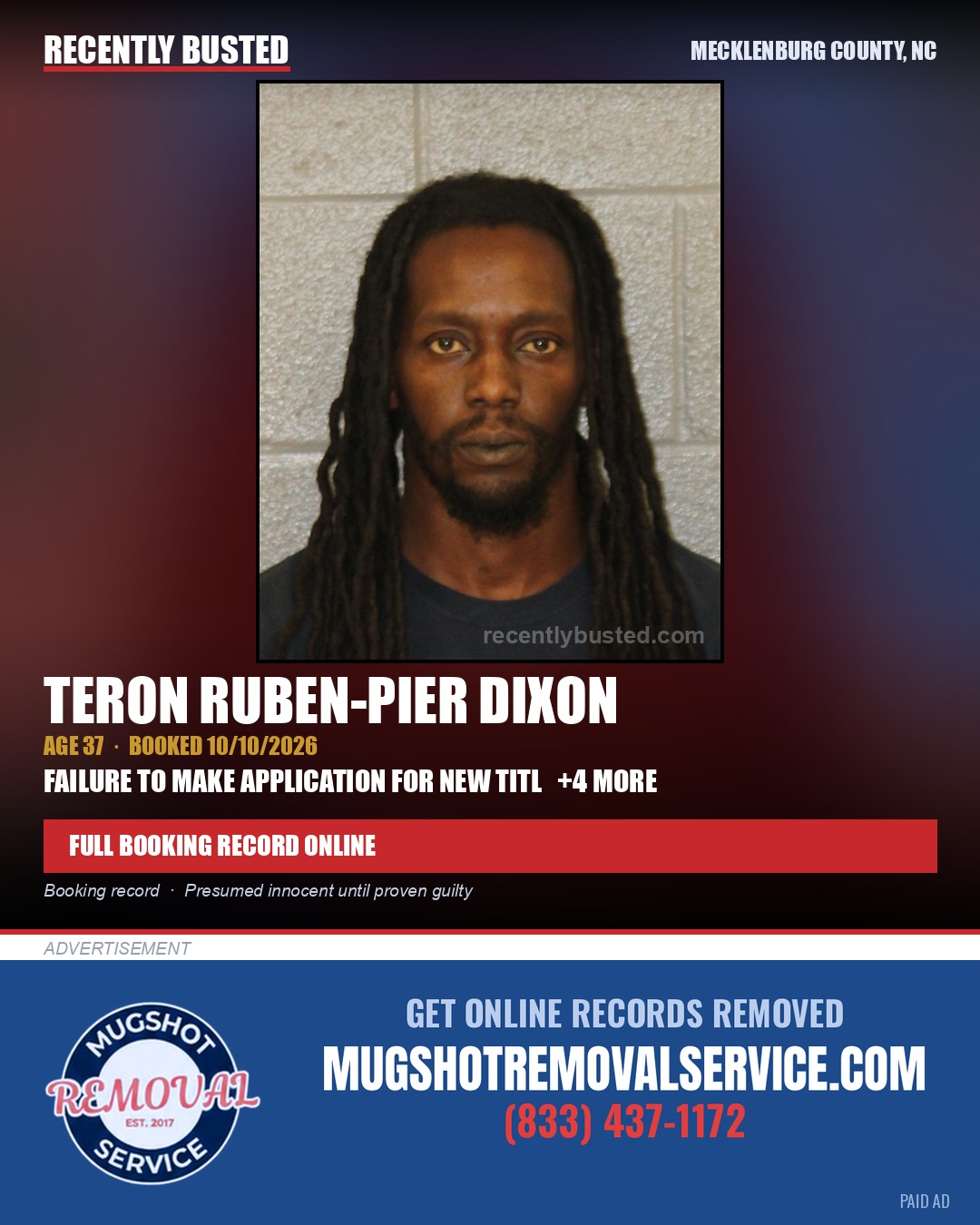 TERON RUBEN-PIER DIXON — arrest record card, Mecklenburg County, North Carolina