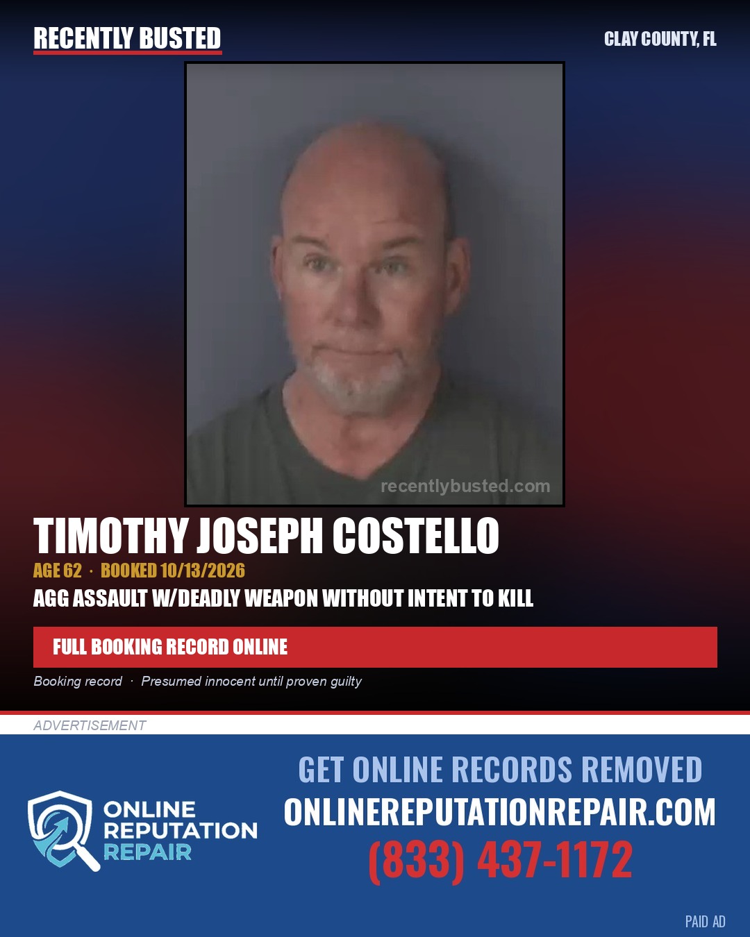 TIMOTHY JOSEPH COSTELLO — arrest record card, Clay County, Florida