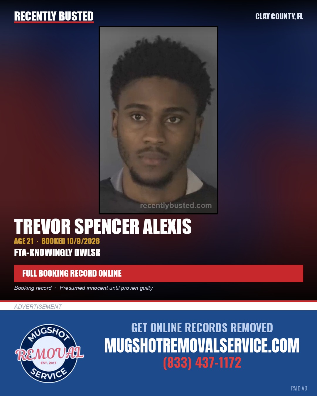 TREVOR SPENCER ALEXIS — arrest record card, Clay County, Florida