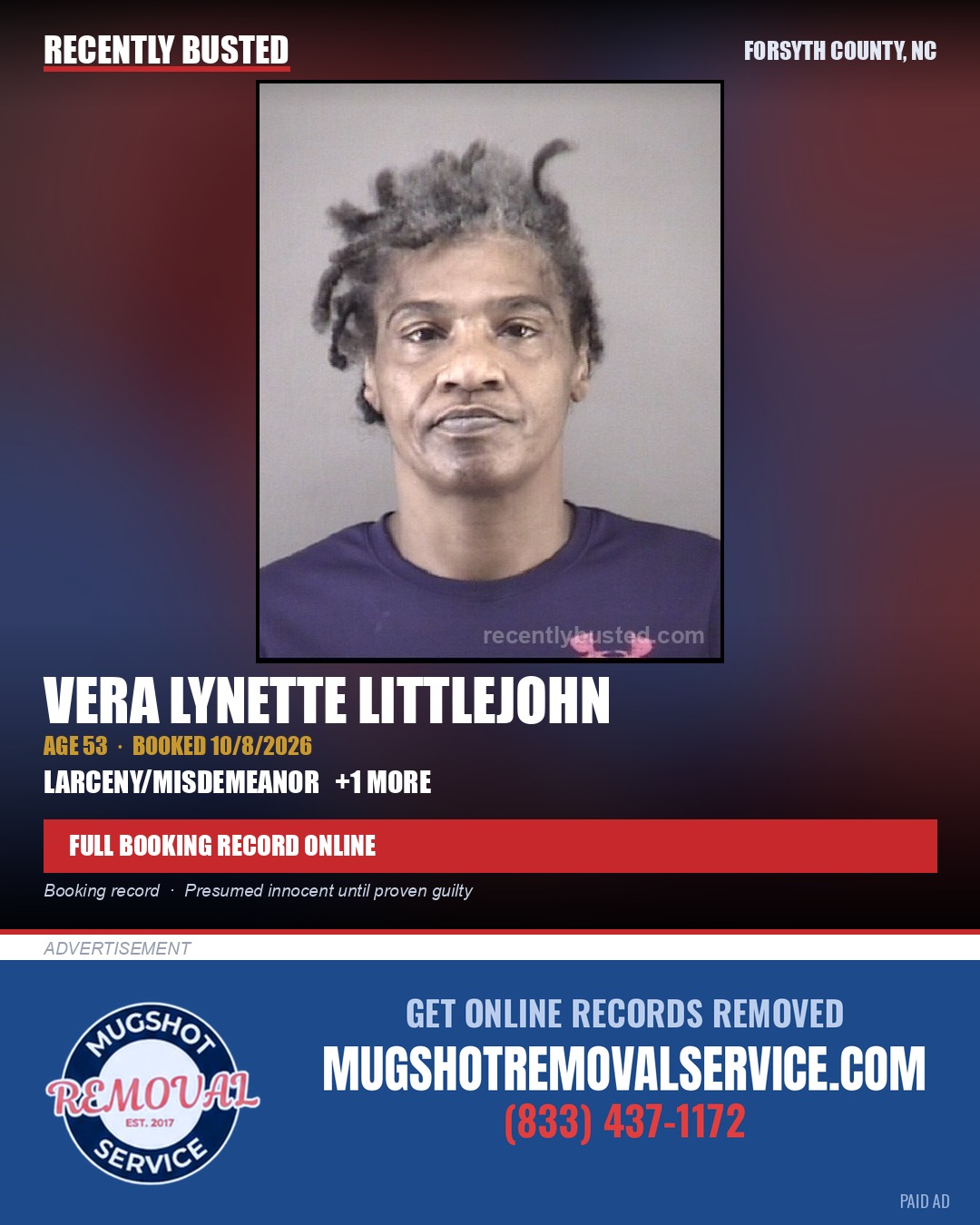 VERA LYNETTE LITTLEJOHN — arrest record card, Forsyth County, North Carolina