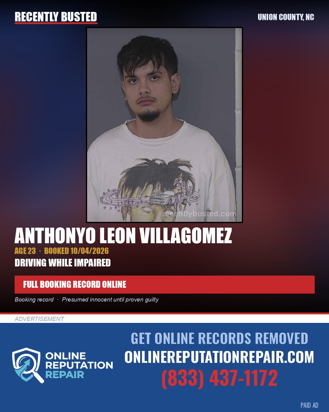 VILLAGOMEZ, ANTHONYO LEON — arrest record card, Union County, North Carolina