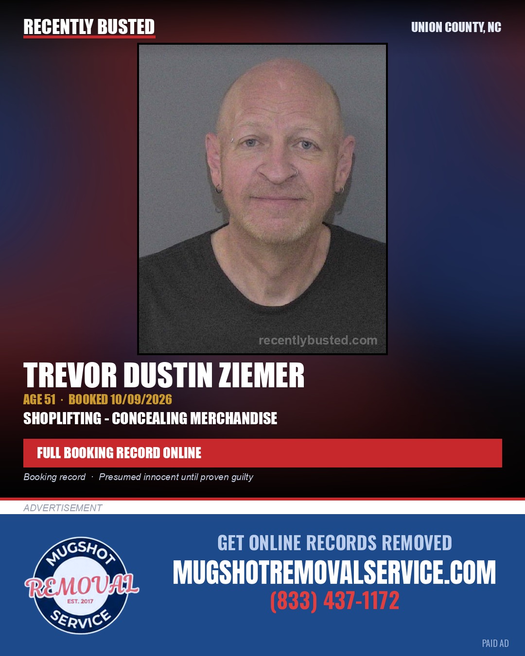 ZIEMER, TREVOR DUSTIN — arrest record card, Union County, North Carolina