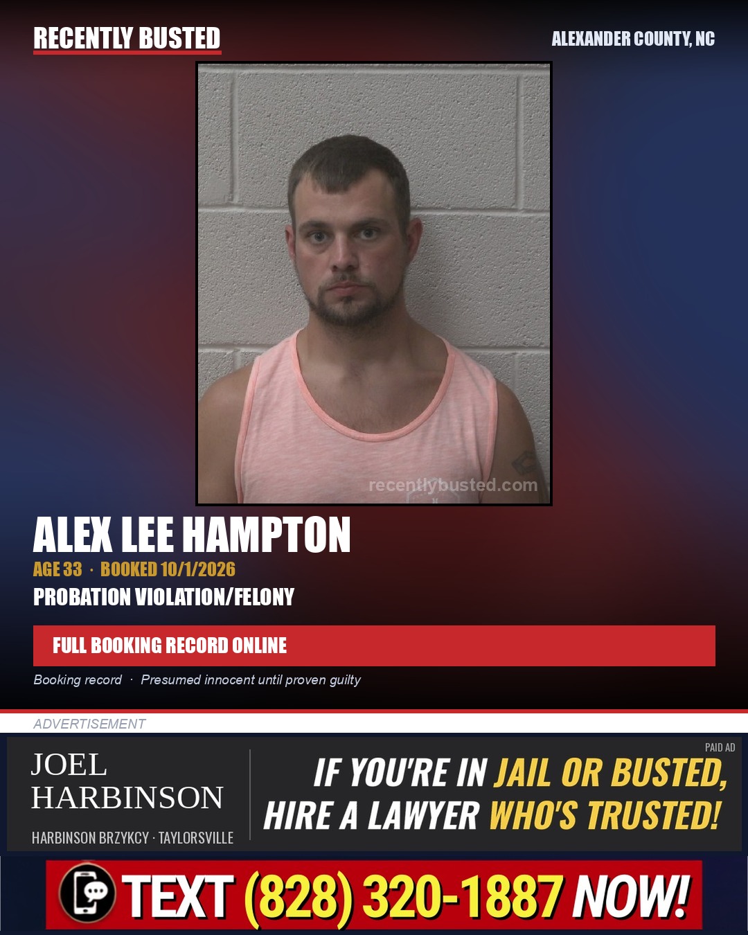 ALEX LEE HAMPTON — arrest record card, Alexander County, North Carolina