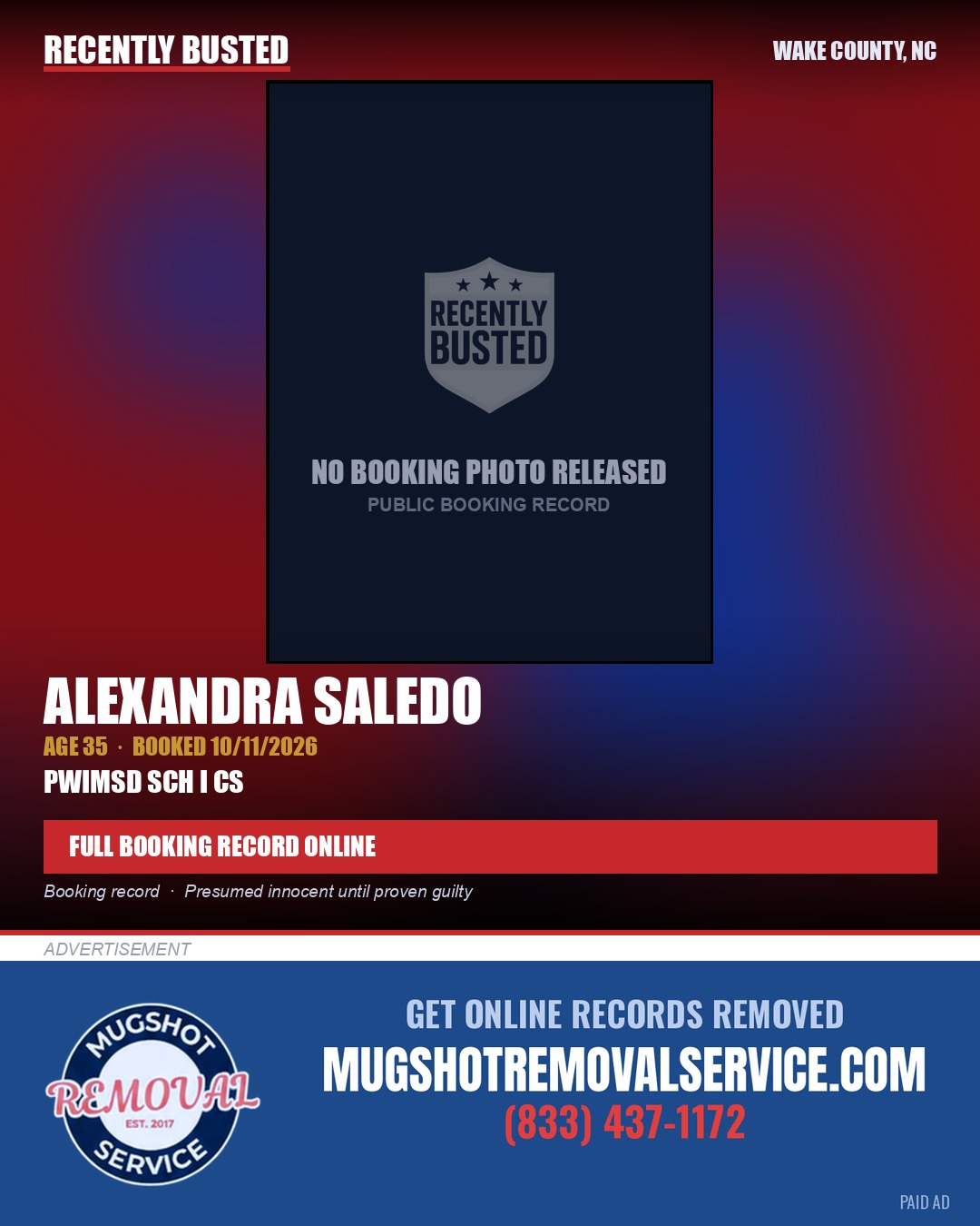 ALEXANDRA SALEDO — arrest record card, Wake County, North Carolina