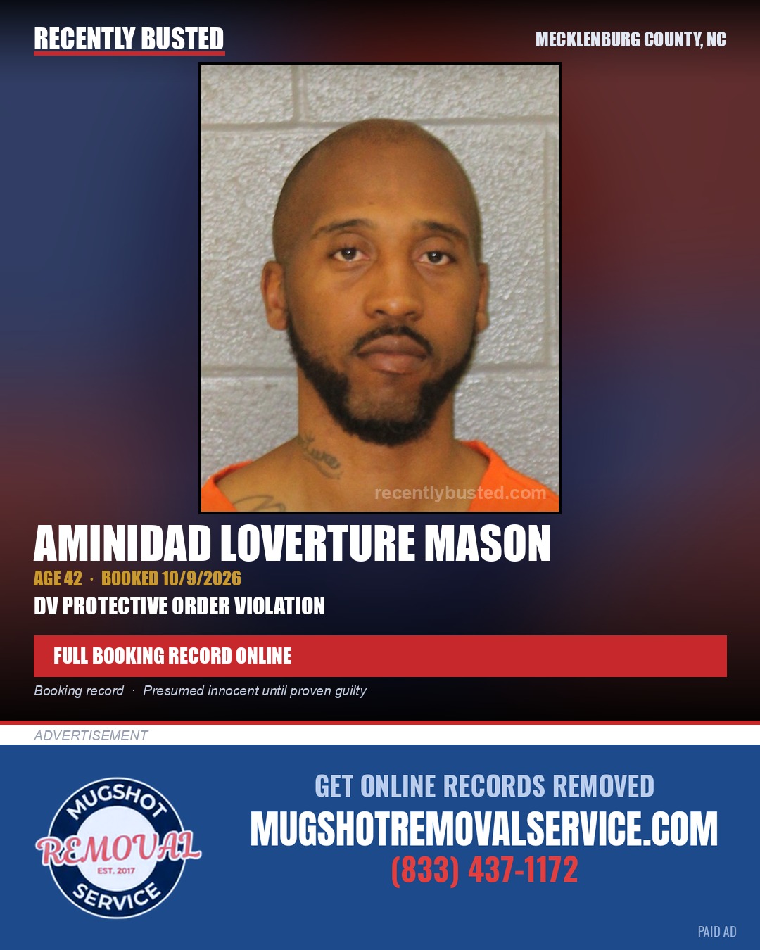 AMINIDAD LOVERTURE MASON — arrest record card, Mecklenburg County, North Carolina