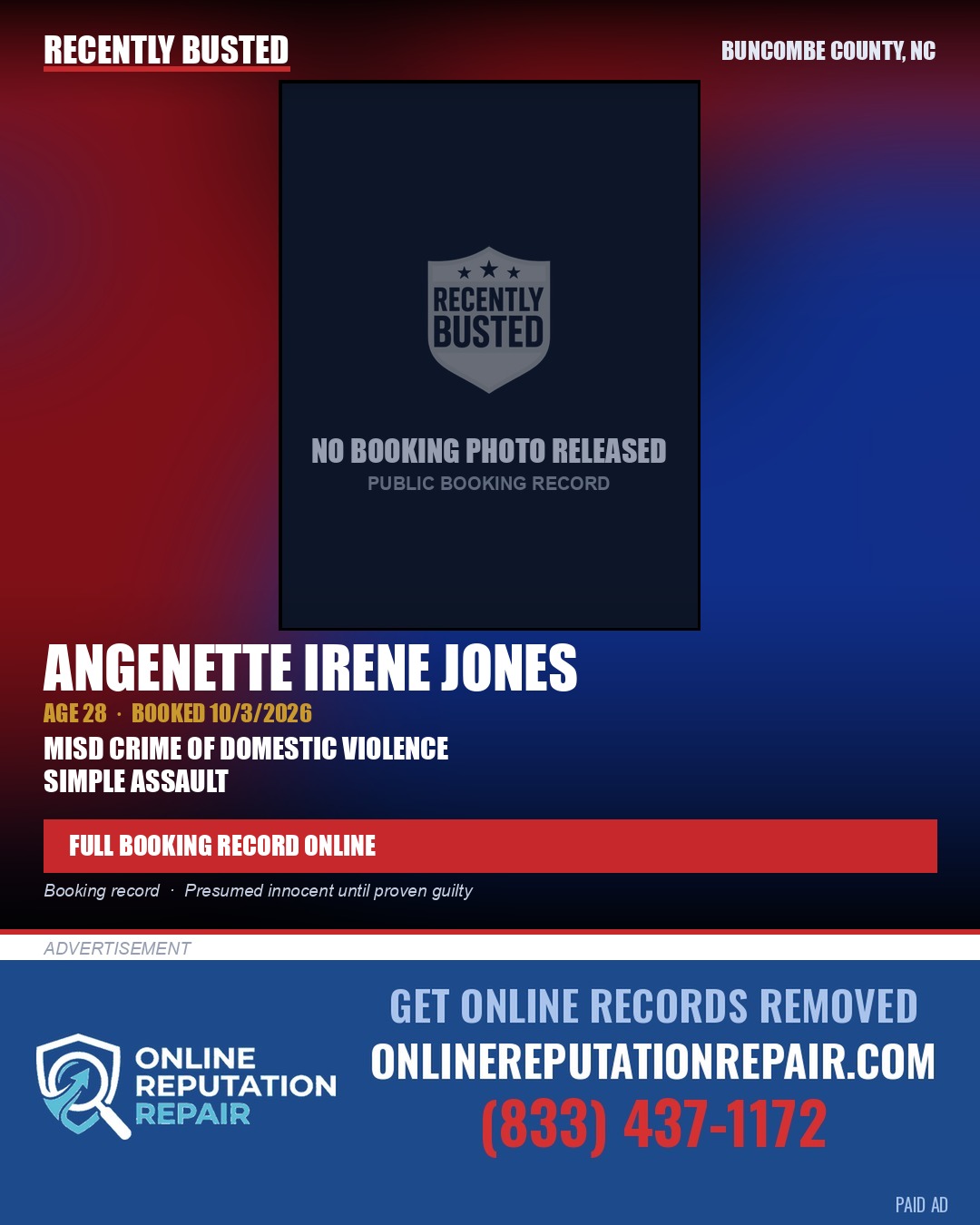ANGENETTE IRENE JONES — arrest record card, Buncombe County, North Carolina
