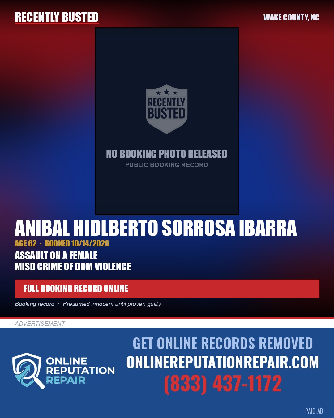 ANIBAL HIDLBERTO SORROSA IBARRA — arrest record card, Wake County, North Carolina