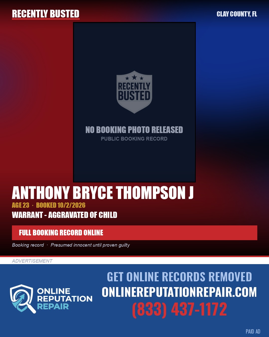 ANTHONY BRYCE THOMPSON J — arrest record card, Clay County, Florida