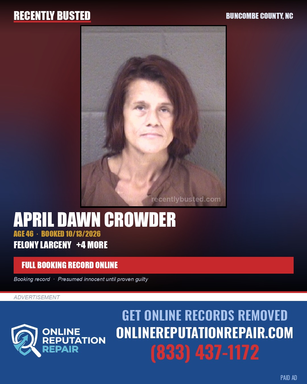 APRIL DAWN CROWDER — arrest record card, Buncombe County, North Carolina