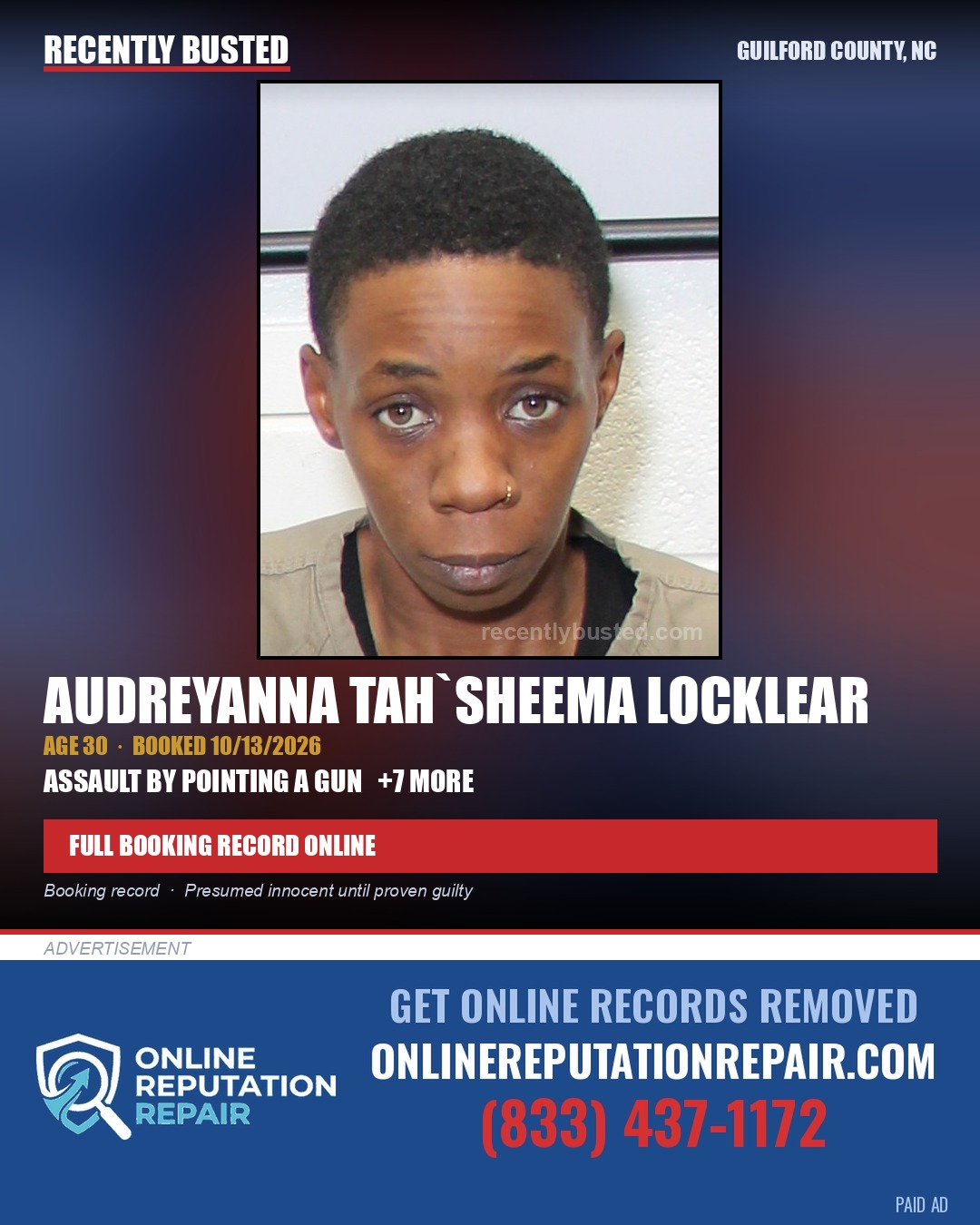 AUDREYANNA TAH`SHEEMA LOCKLEAR — arrest record card, Guilford County, North Carolina