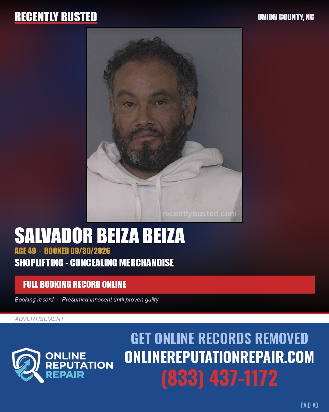 BEIZA, SALVADOR BEIZA — arrest record card, Union County, North Carolina