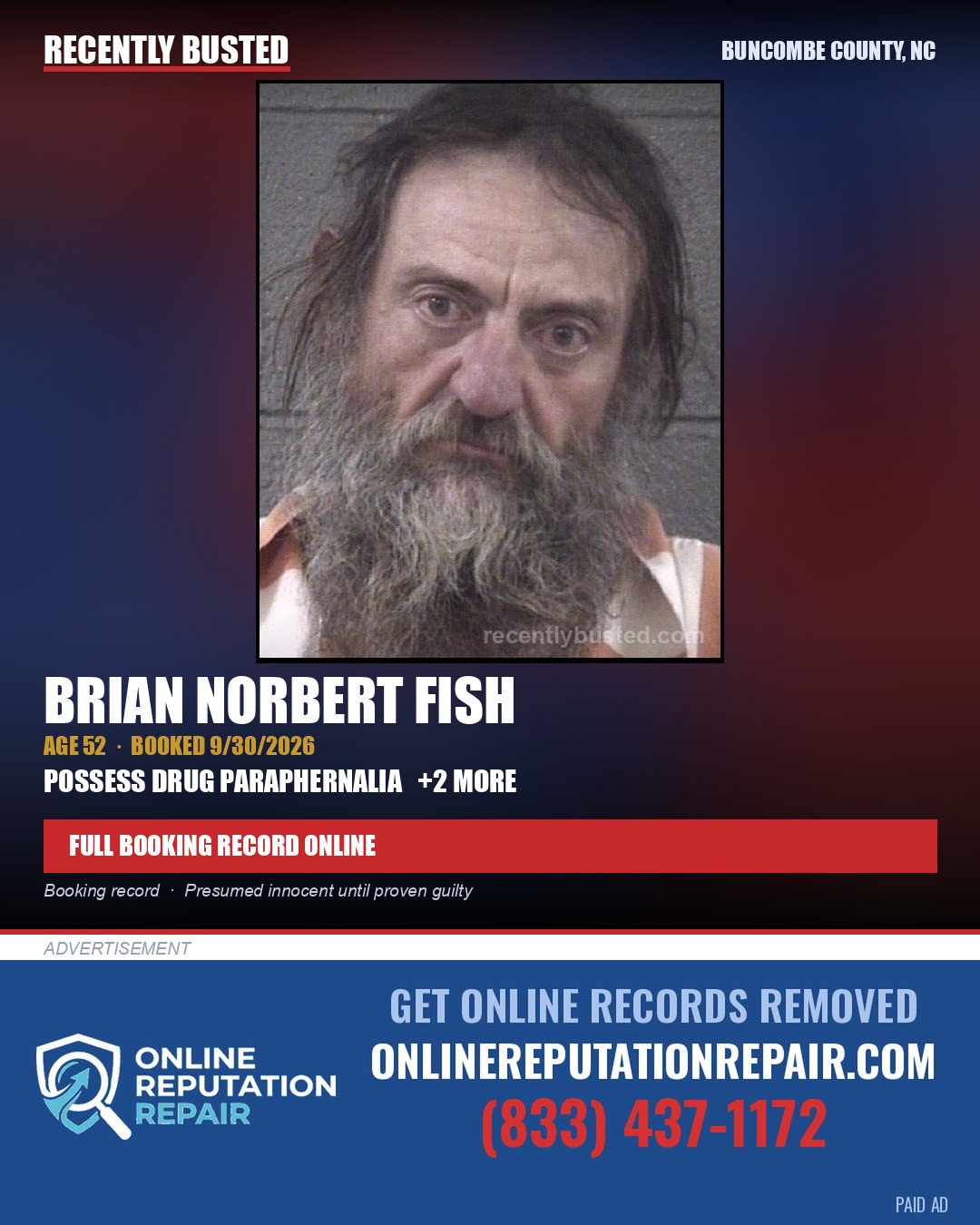 BRIAN NORBERT FISH — arrest record card, Buncombe County, North Carolina
