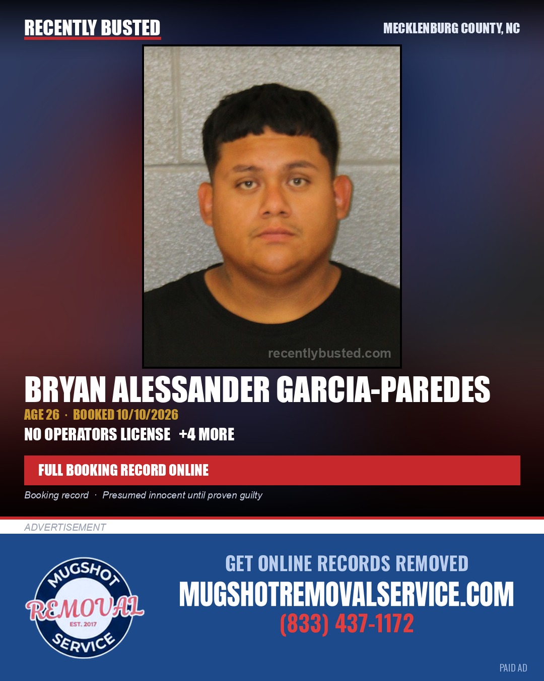 BRYAN ALESSANDER GARCIA-PAREDES — arrest record card, Mecklenburg County, North Carolina