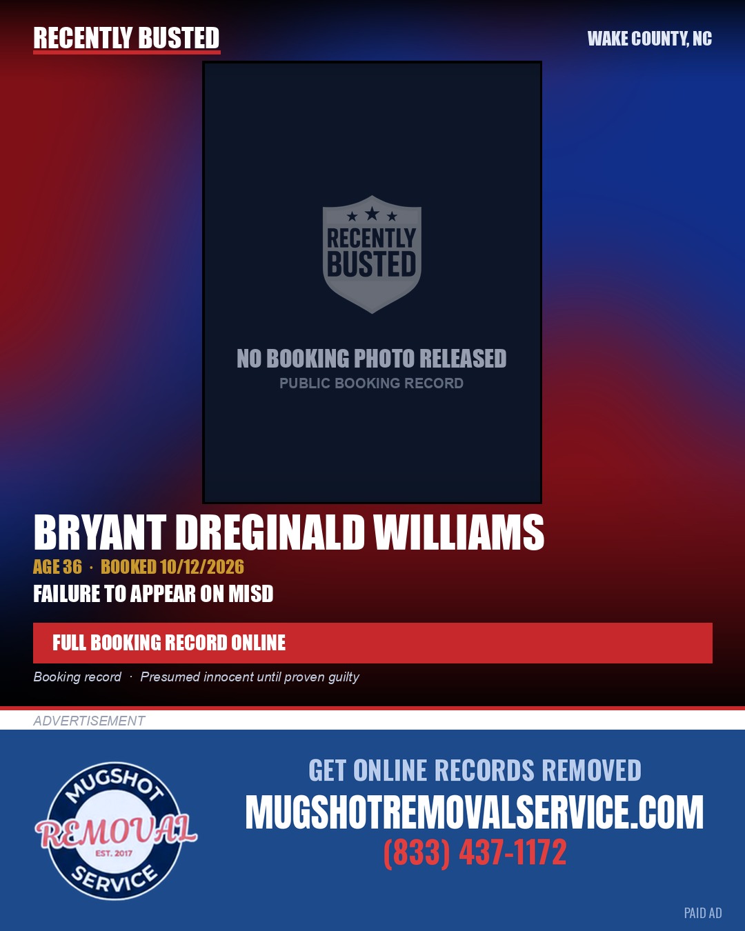 BRYANT DREGINALD WILLIAMS — arrest record card, Wake County, North Carolina