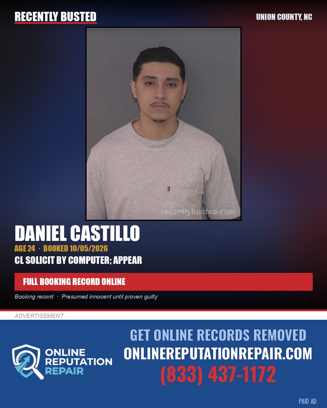 CASTILLO, DANIEL — arrest record card, Union County, North Carolina