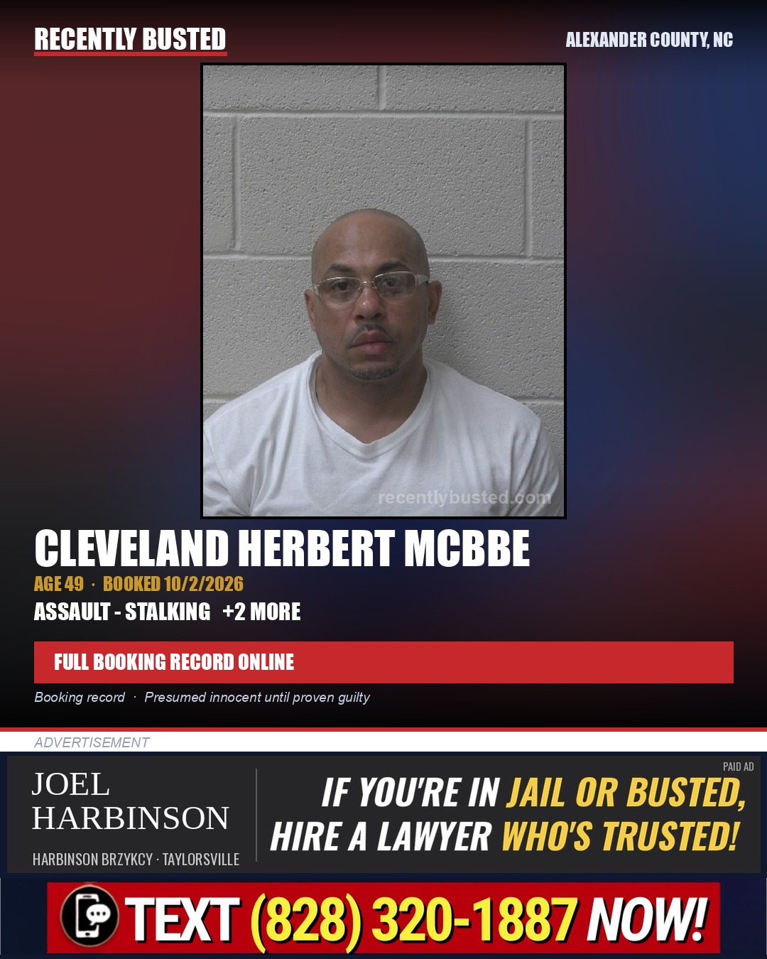 CLEVELAND HERBERT MCBBE — arrest record card, Alexander County, North Carolina