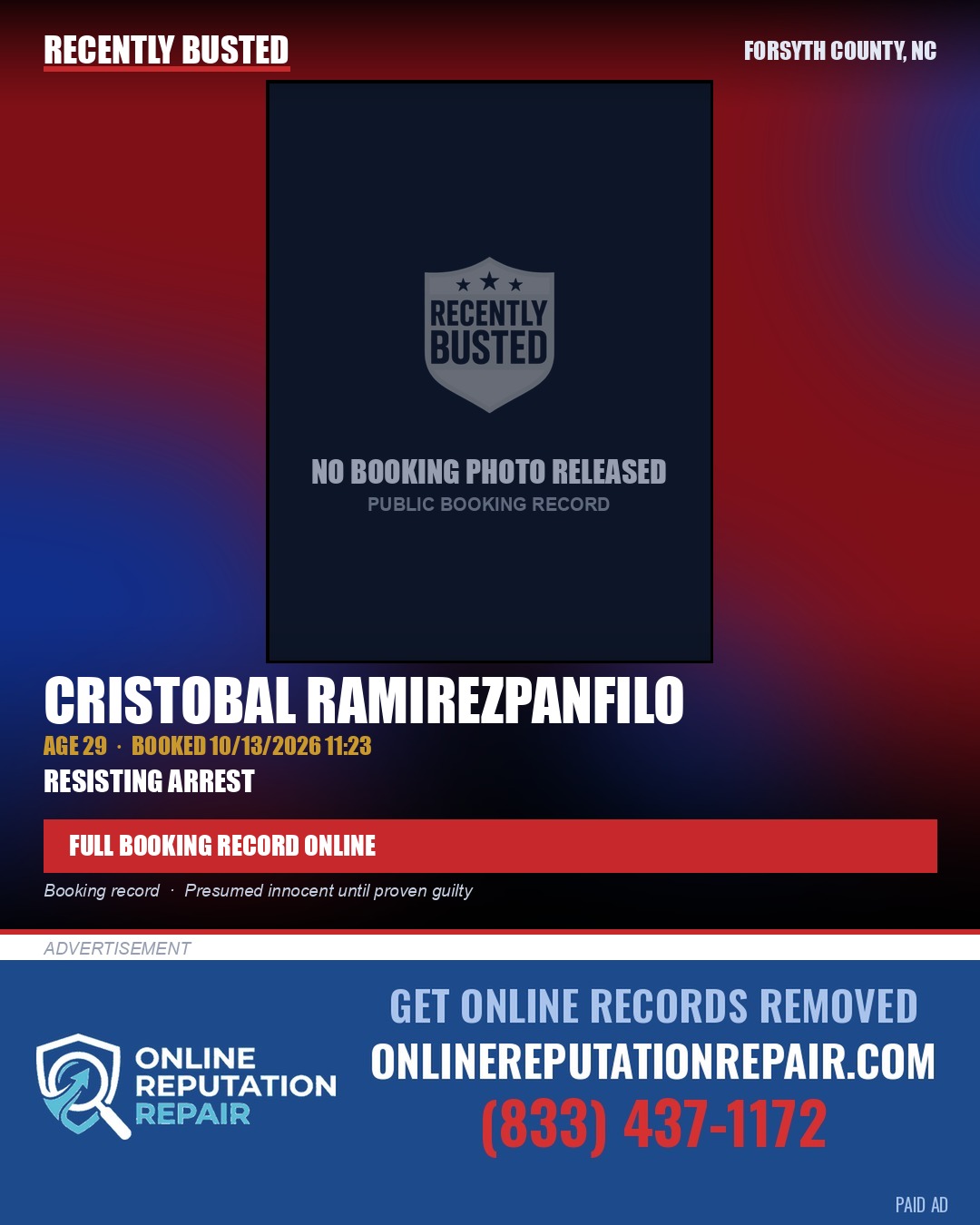 CRISTOBAL RAMIREZPANFILO — arrest record card, Forsyth County, North Carolina