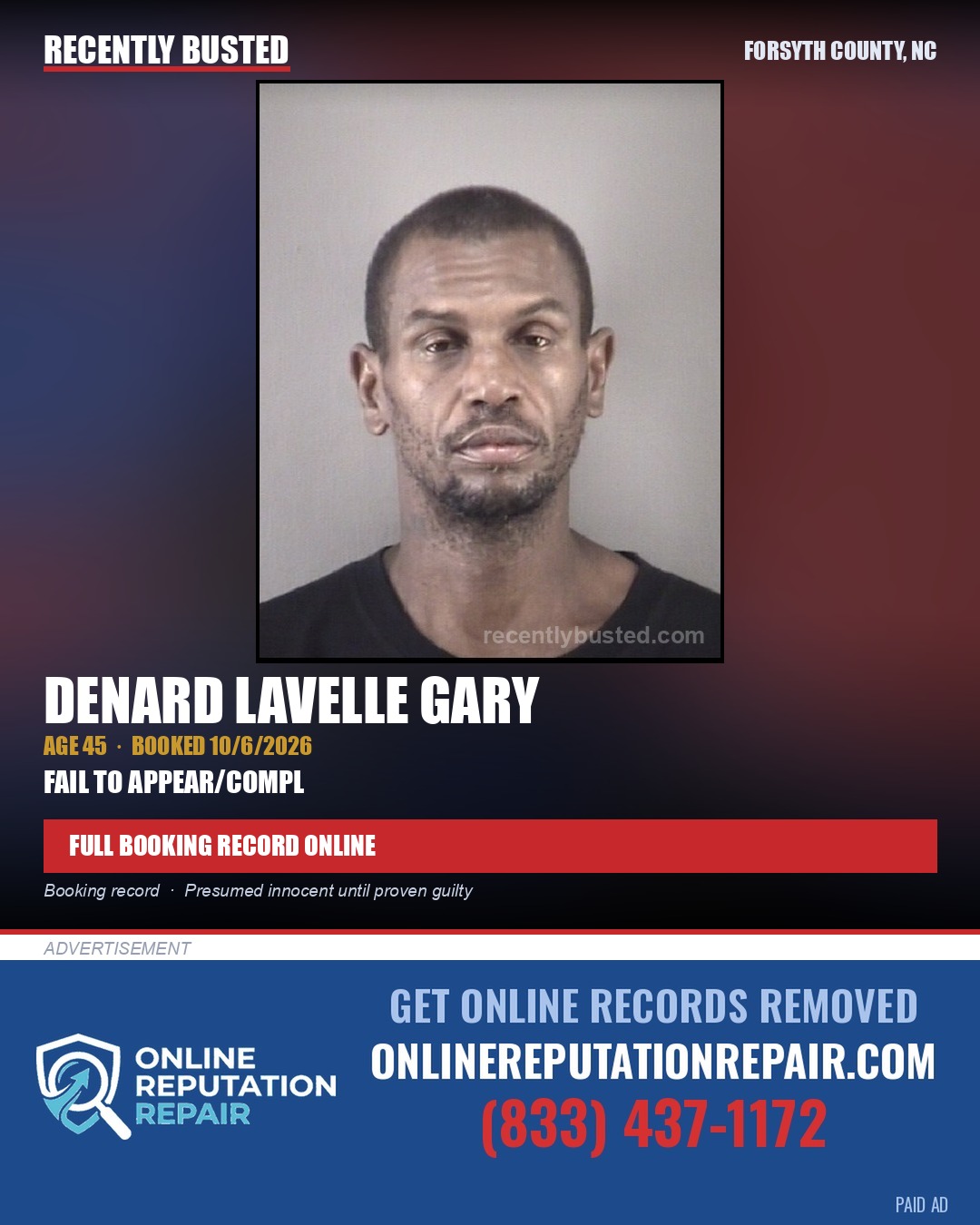 DENARD LAVELLE GARY — arrest record card, Forsyth County, North Carolina