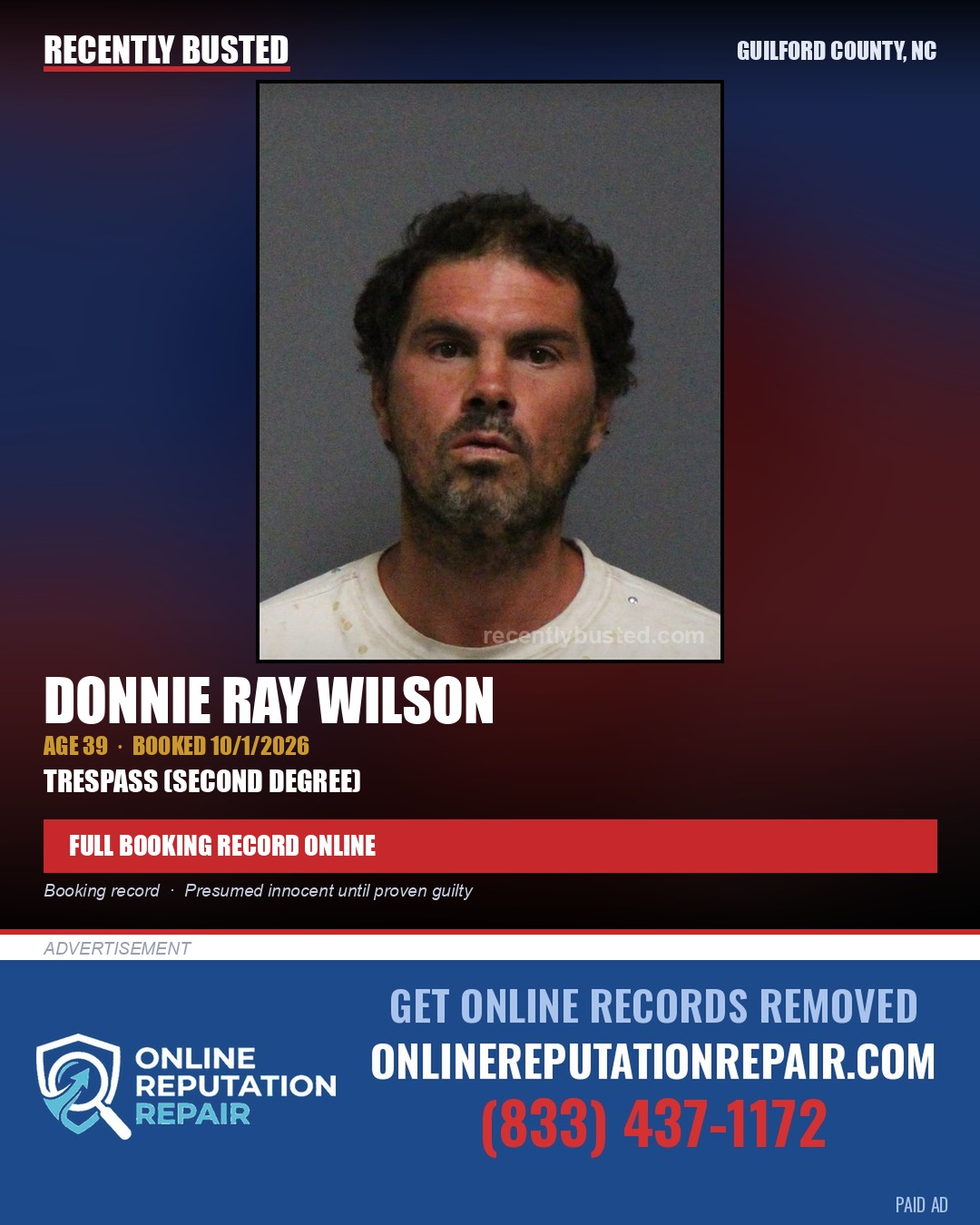 DONNIE RAY WILSON — arrest record card, Guilford County, North Carolina